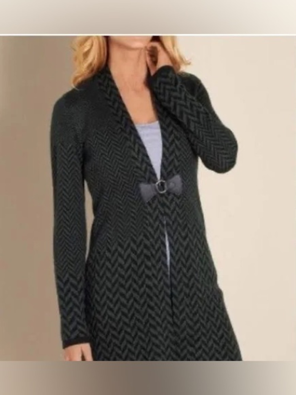 Soft Surroundings: 1X, Long Chevron Knit Cardigan Sweater - Dark Gray and black